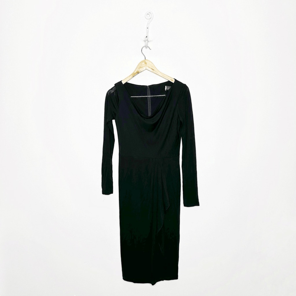 RICKIE FREEMAN TERI JON long sleeve cowlneck knee length dress black sheath US 4